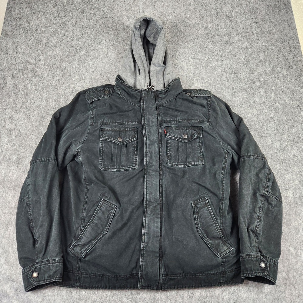 Levis Sherpa Lined Field Jacket Men L Black Hooded Canvas Utility Workwear Coat